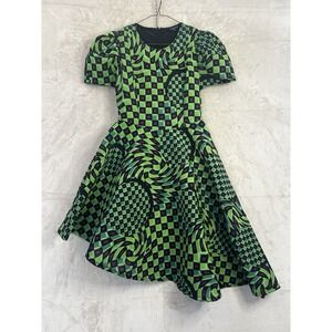 CQ by CQ Medium Asymmetrical Dress Green Black Checkered Puff Sleeve A Line Zip